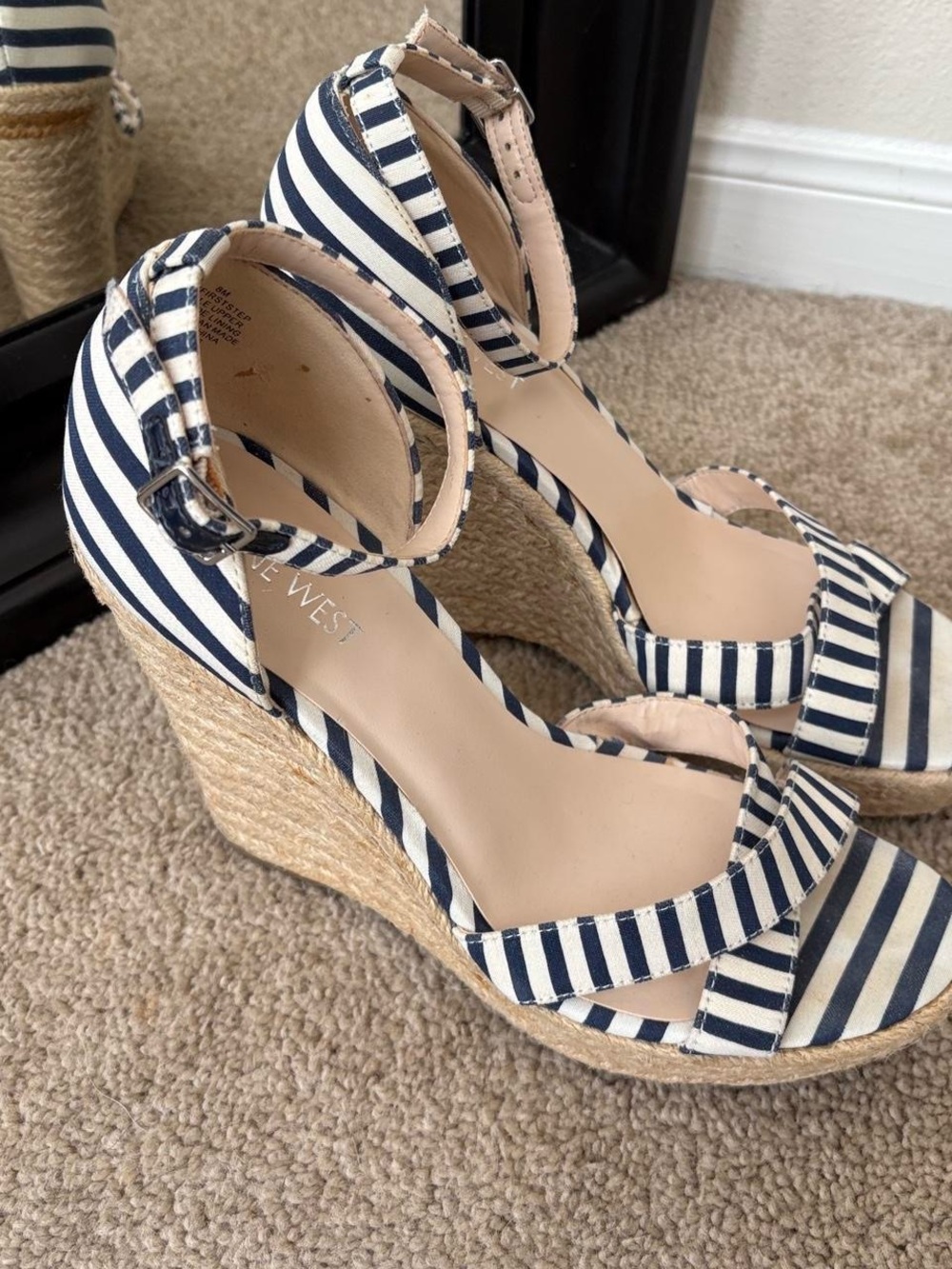 Nine West Navy and White Striped Espadrille Wedge Sandals with Ankle Strap